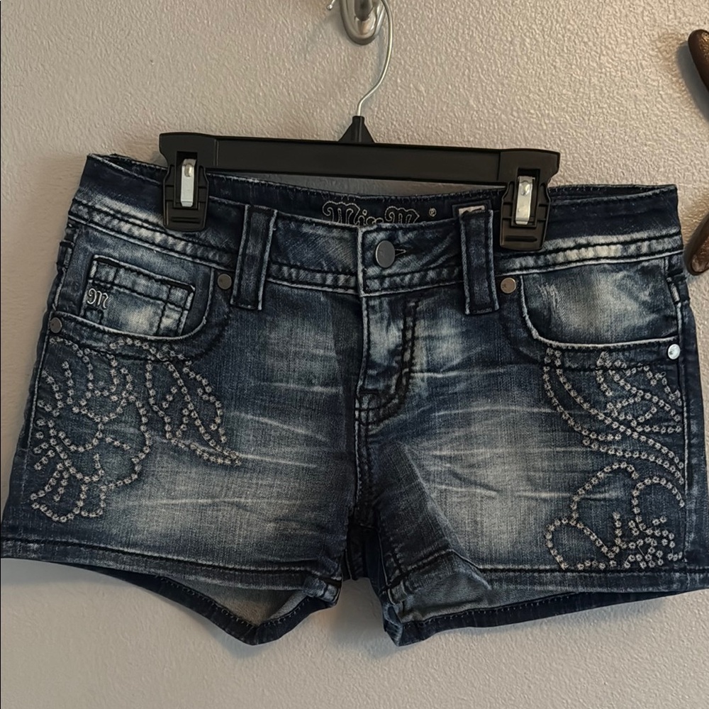 Miss Me Blue Jean Shorts with Distressed Detailing